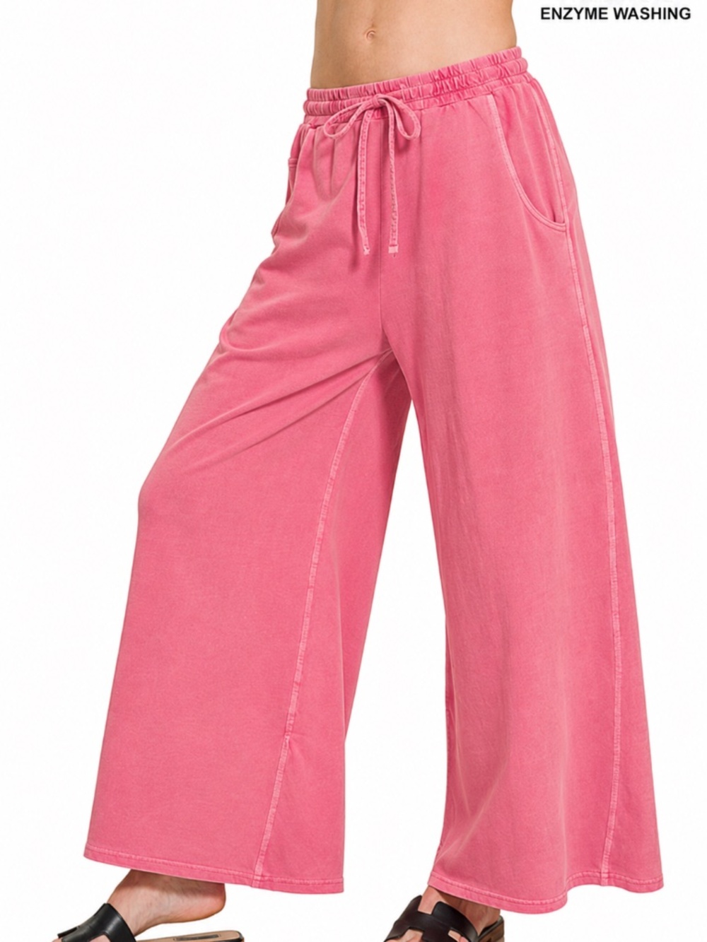 NEW Fuchsia Pink Cotton French Terry Pigment Dye Wide Leg Pants Medium - Picture 2 of 3